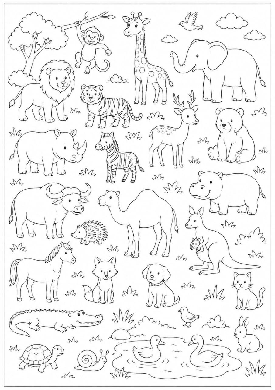 A4 Size Printed Animals Drawing Sheets for Kids