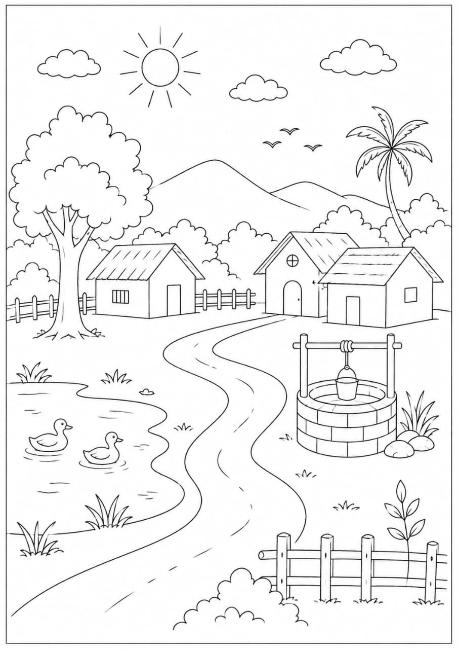 A4 Size Printed Village Drawing Sheets for Kids