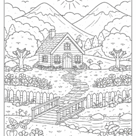 A4 Size Printed Drawing Sheet – Village Mountain Scenery Drawing (1203 )