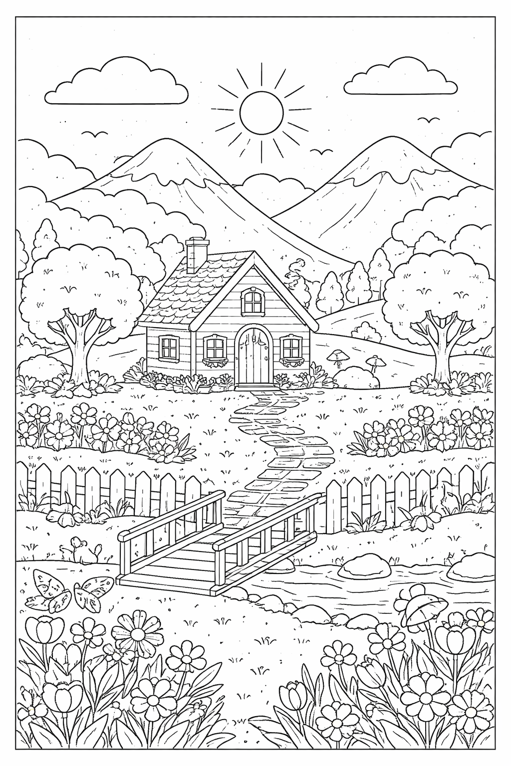 A4 size printed drawing sheet village mountain scenery drawing