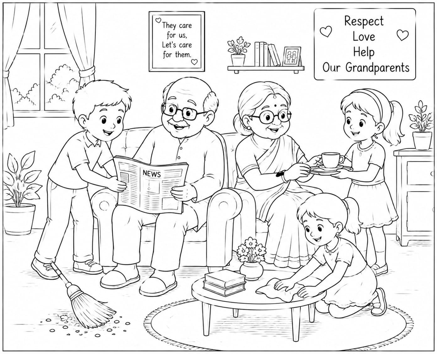 A4 size printed drawing sheet helping grandparents