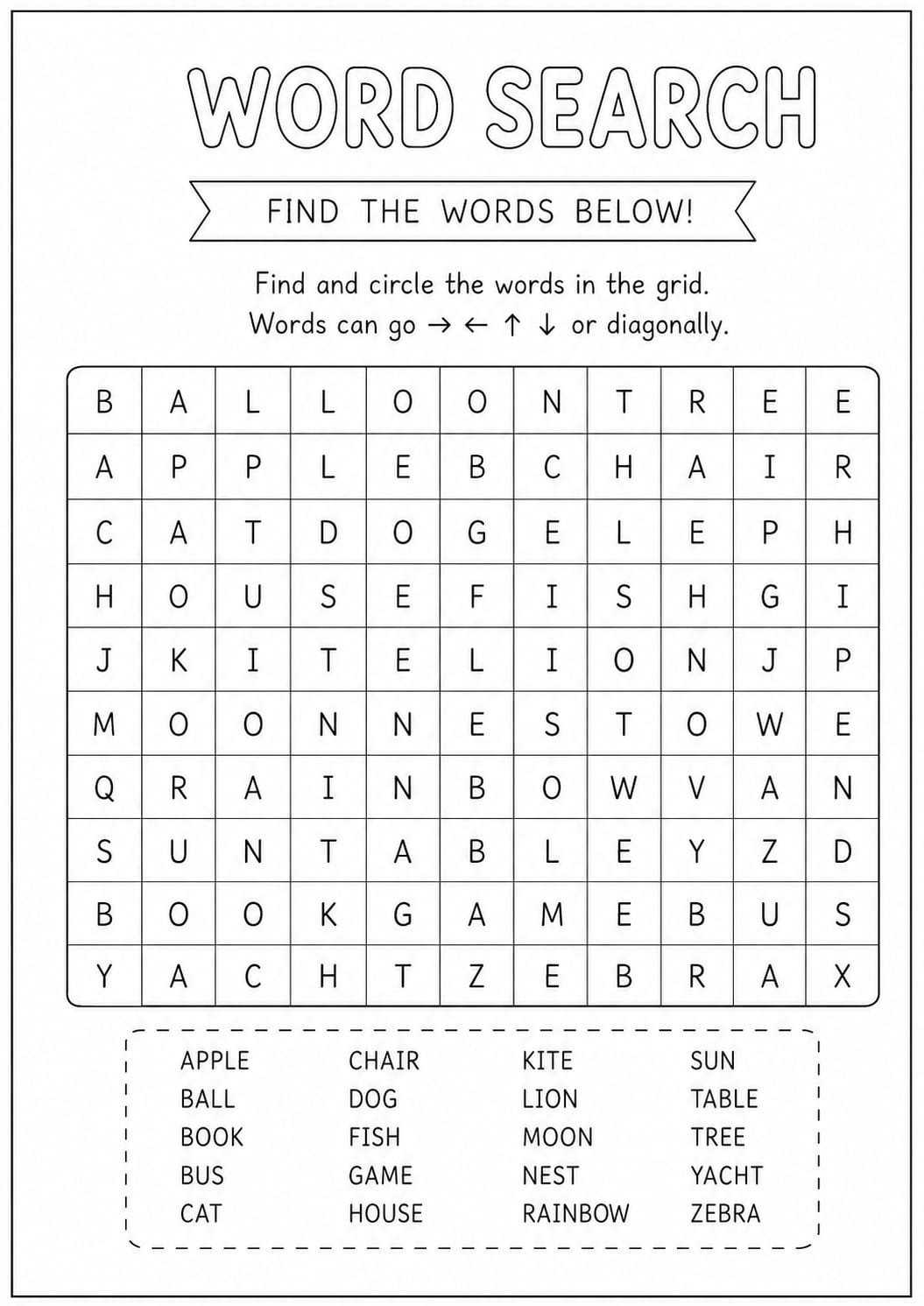 Word Search Puzzle for Kids
