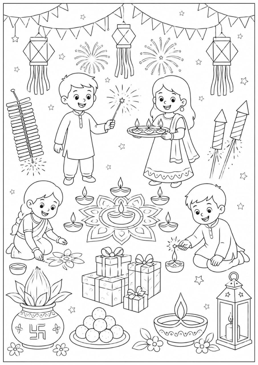 A4 Size Printed Diwali Festival Drawing Sheets for Kids