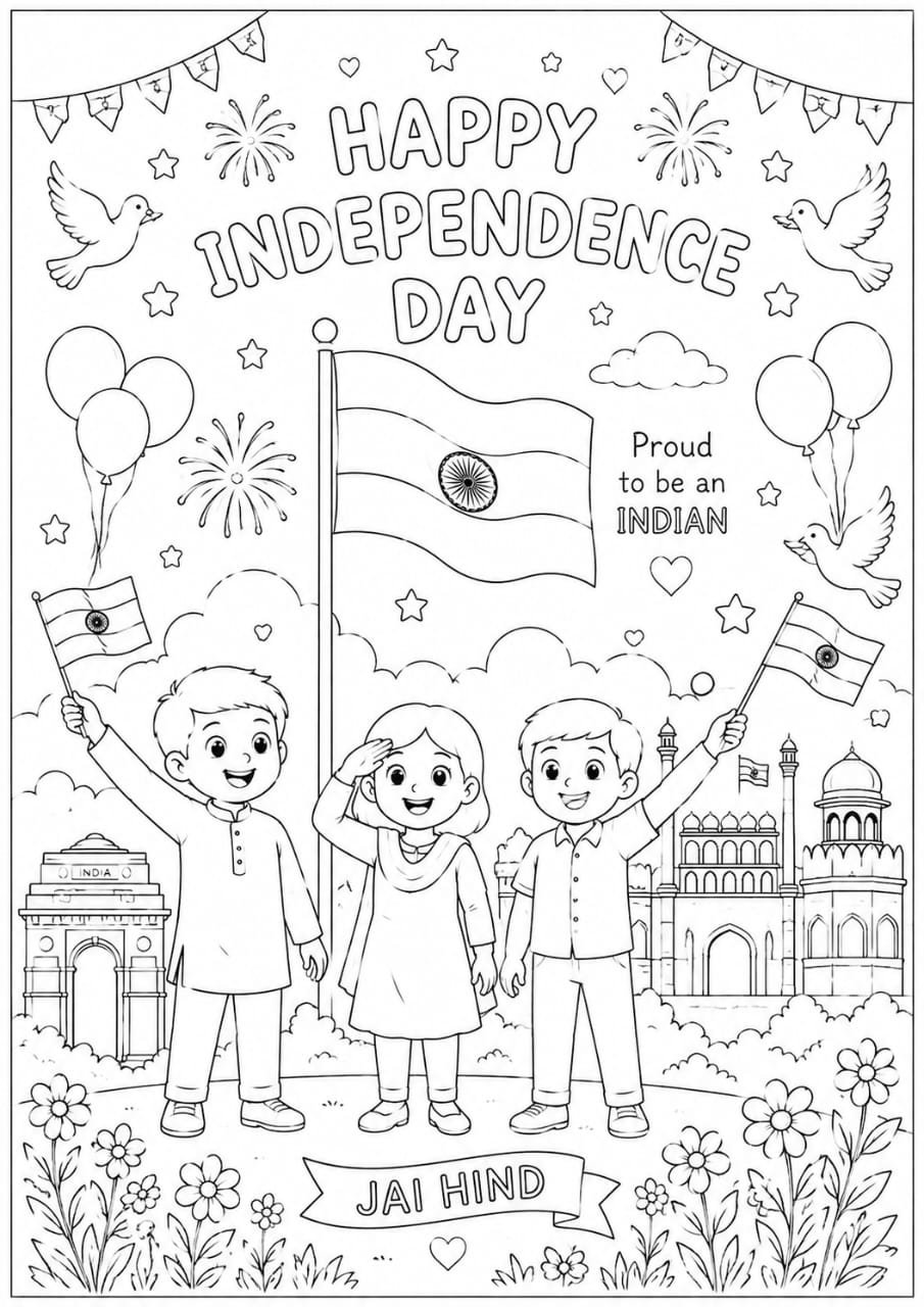 A4 Size Printed Independence Day Drawing Sheets for Kids
