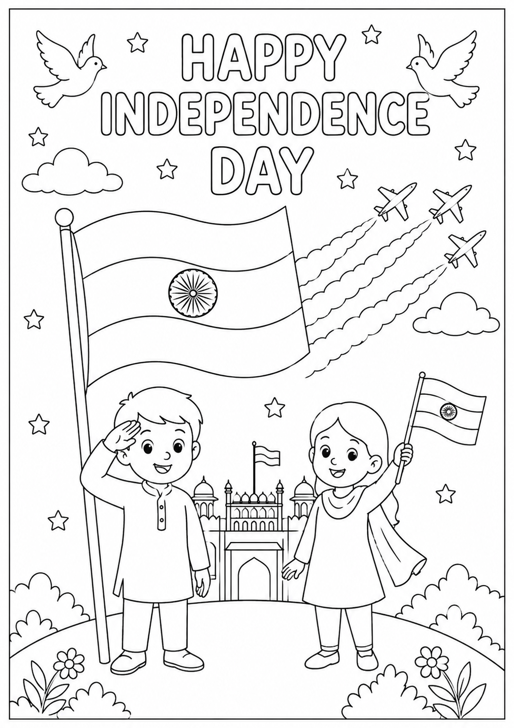 A4 Size Printed Independence Day Drawing Sheets for Kids