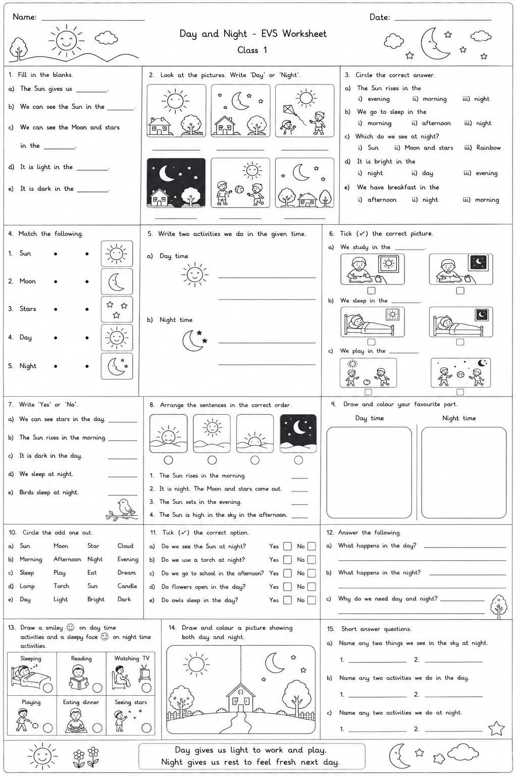 Class 1 EVS Day and Night Worksheet