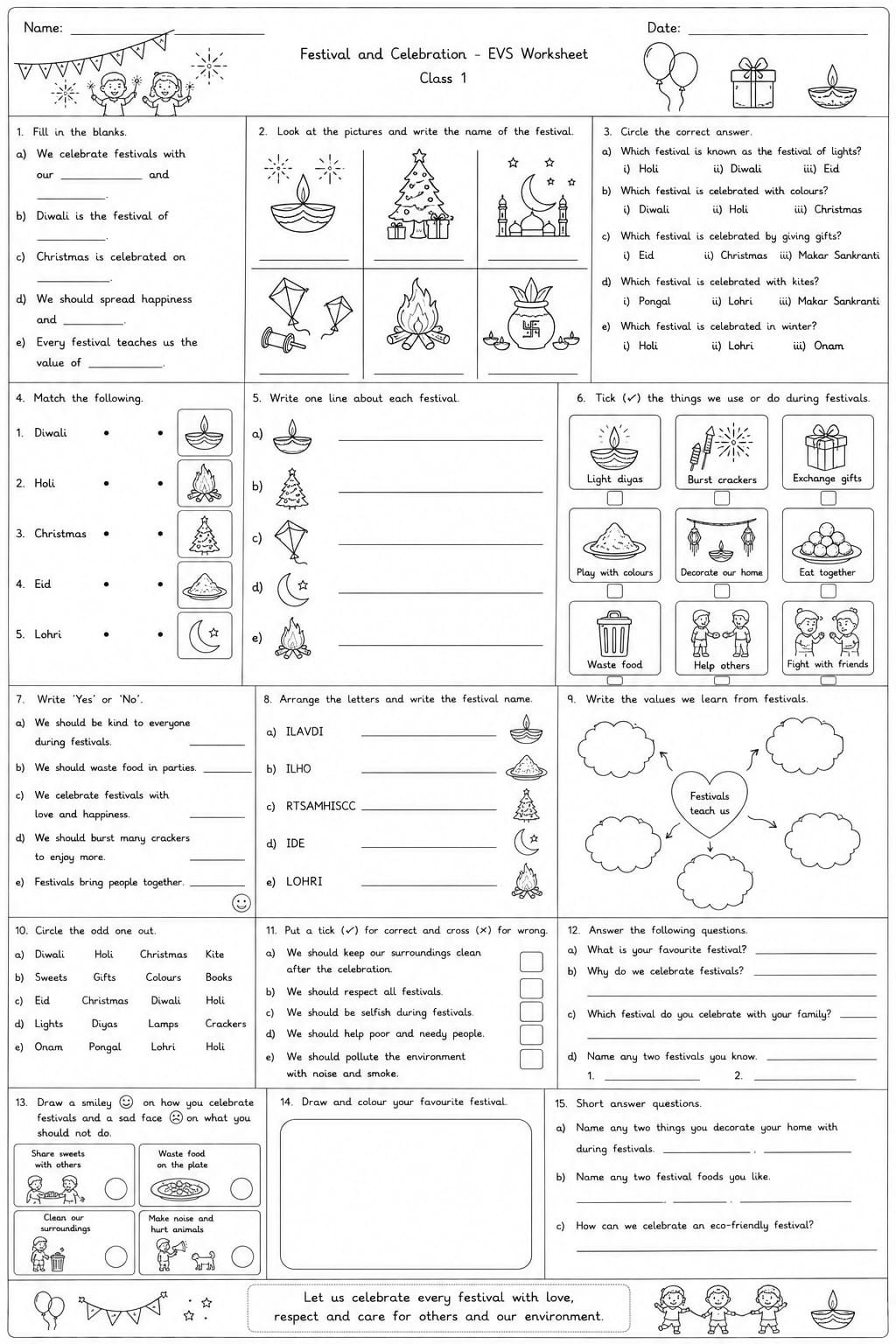 Class 1 EVS Festival and Celebration Worksheet