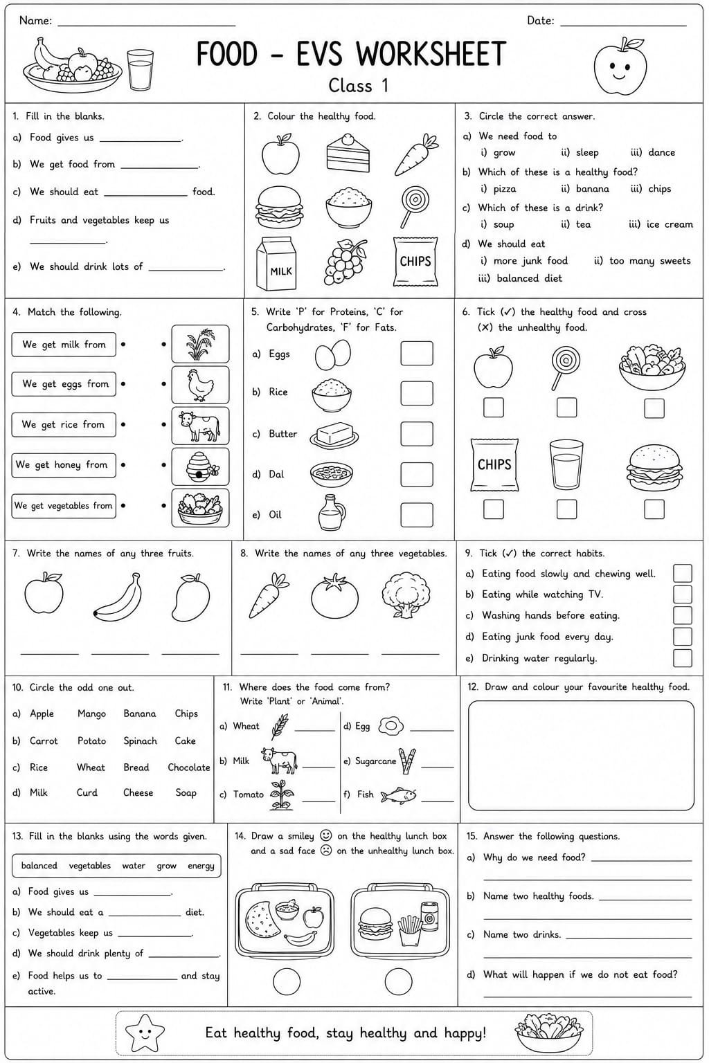 Class 1 EVS Food Worksheet