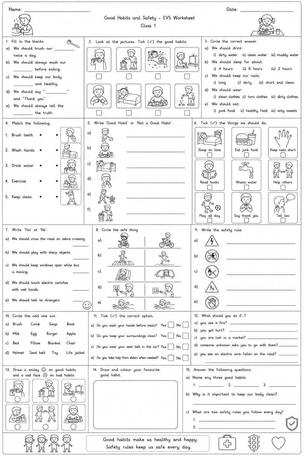 Class 1 EVS Good Habit and safety Worksheet
