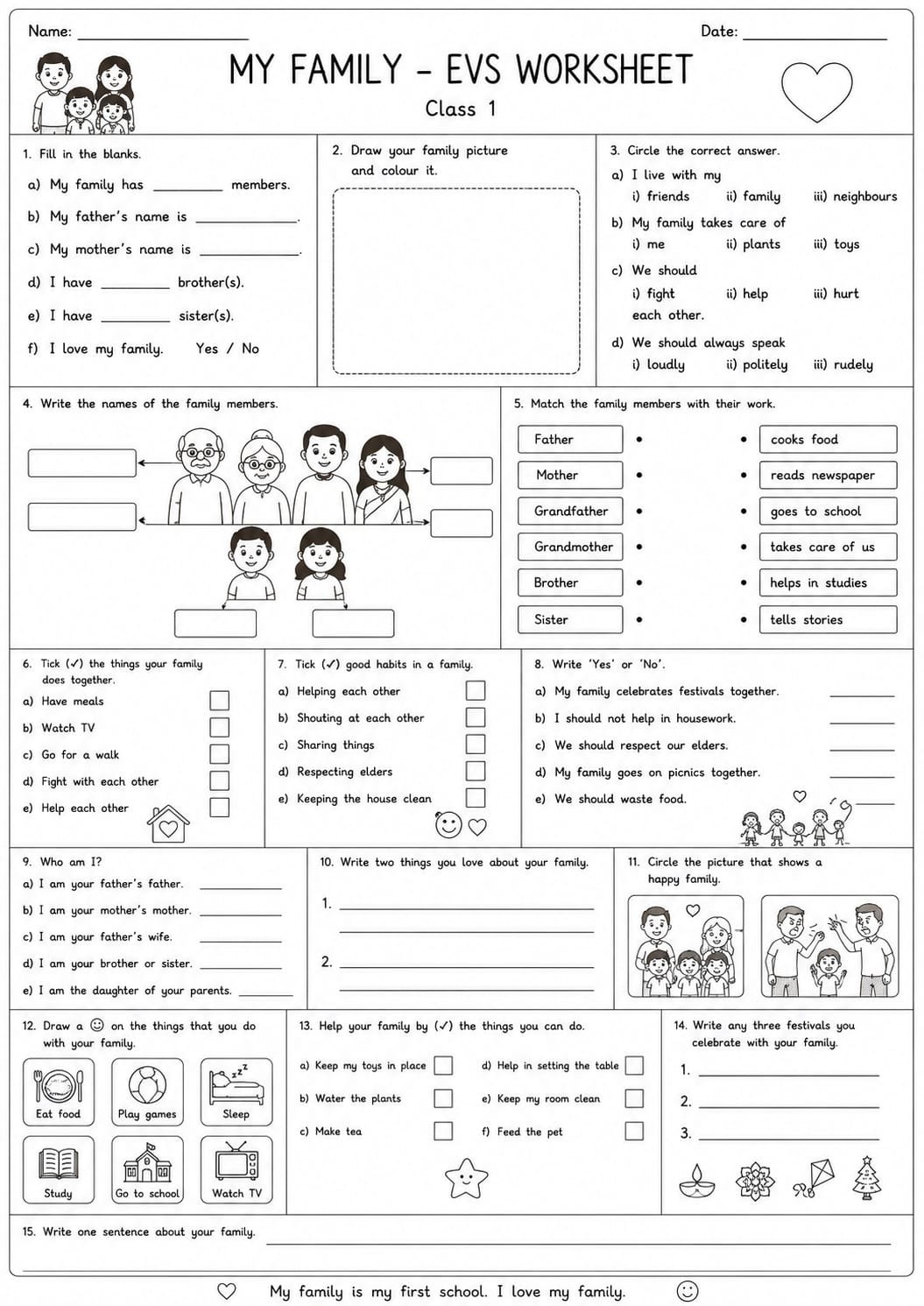 Class 1 EVS My Family Worksheet