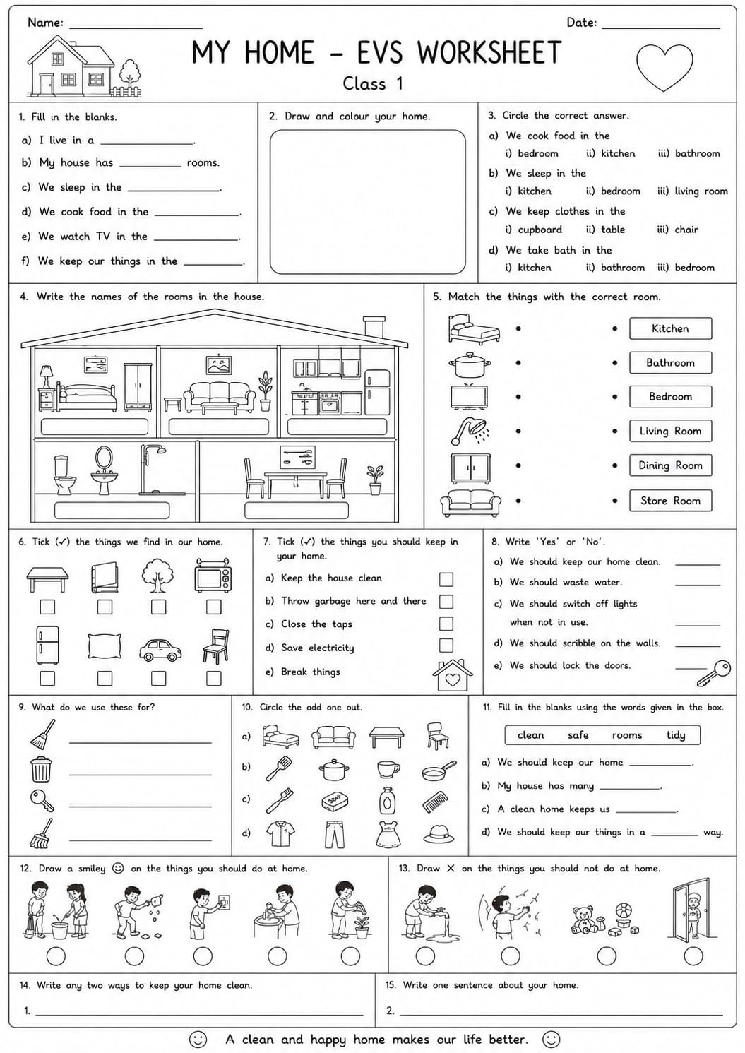Class 1 EVS My Home Worksheet
