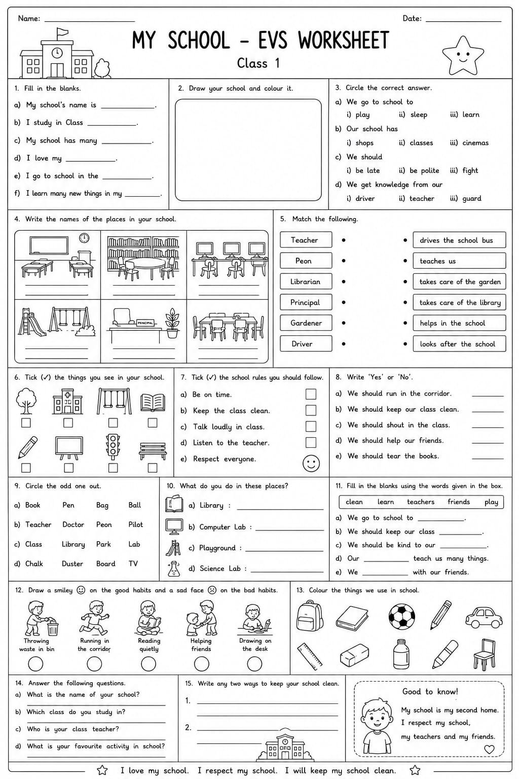 Class 1 EVS My School Worksheet
