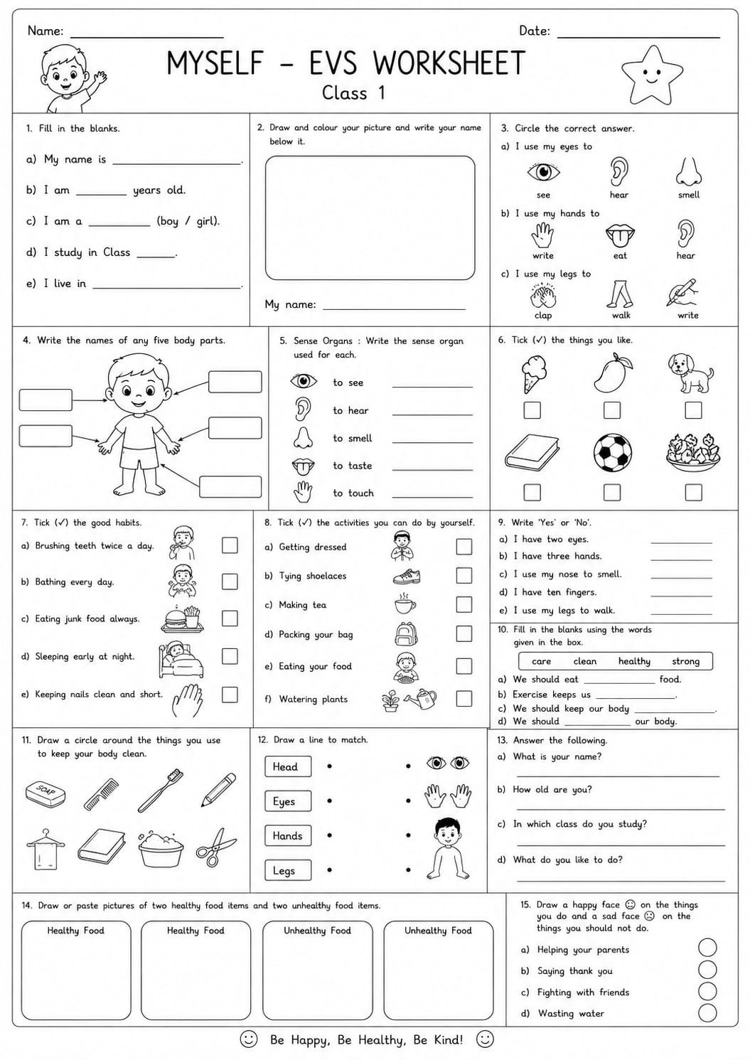 Class 1 EVS Myself Worksheet