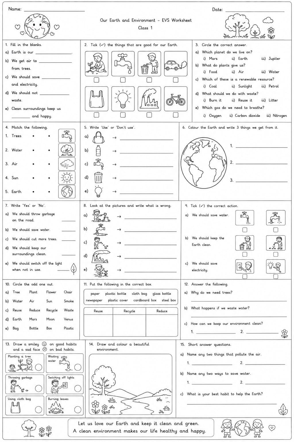 Class 1 EVS Our Earth and Environment Worksheet