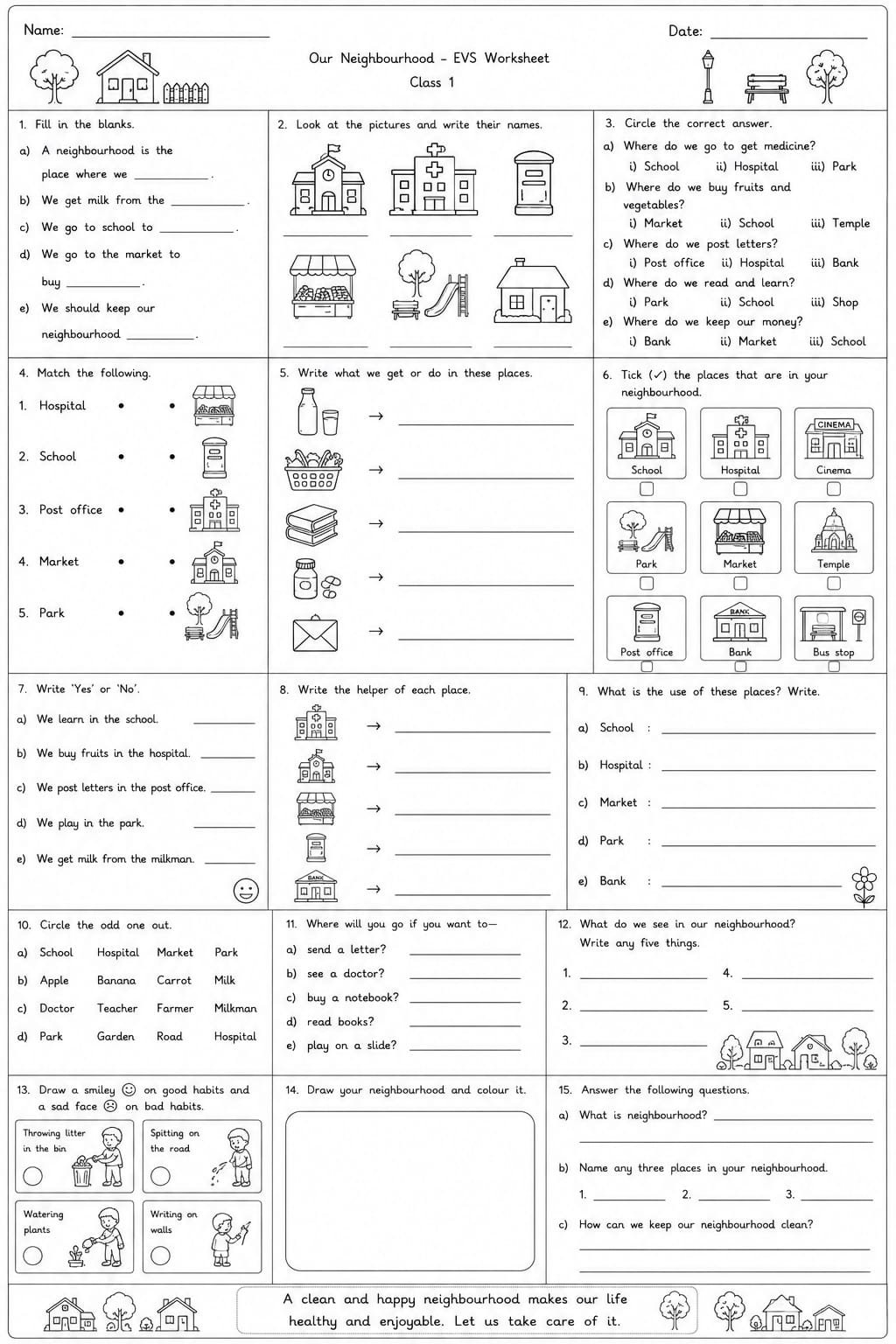 Class 1 EVS Our Neighbourhood Worksheet