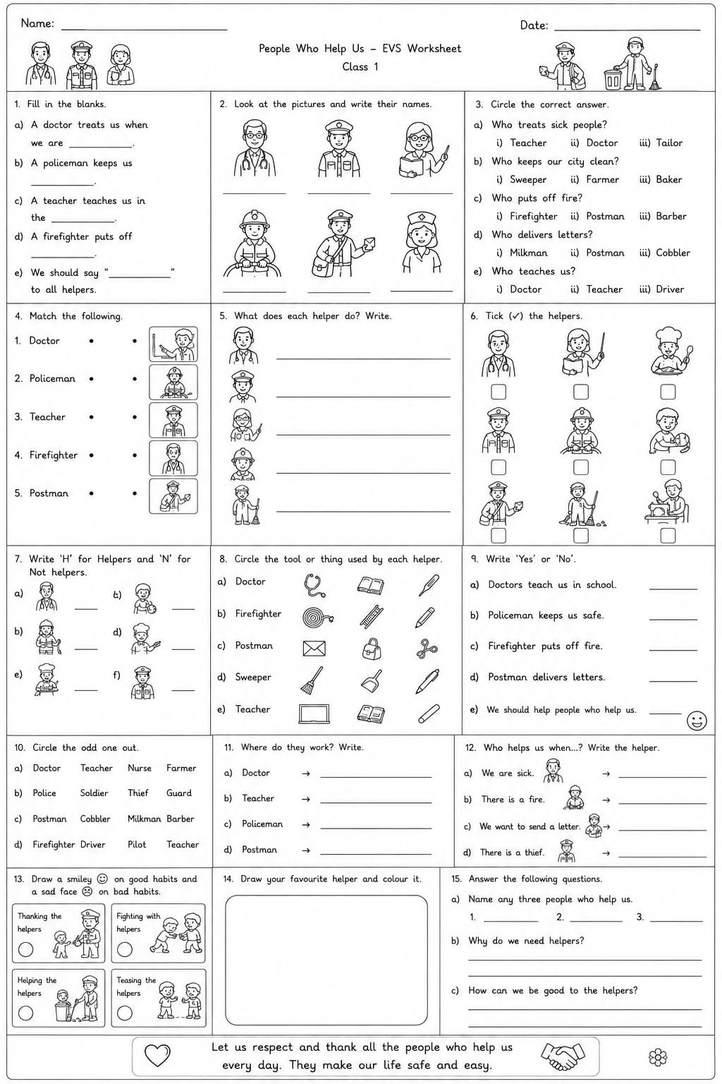 Class 1 EVS People who help us Worksheet