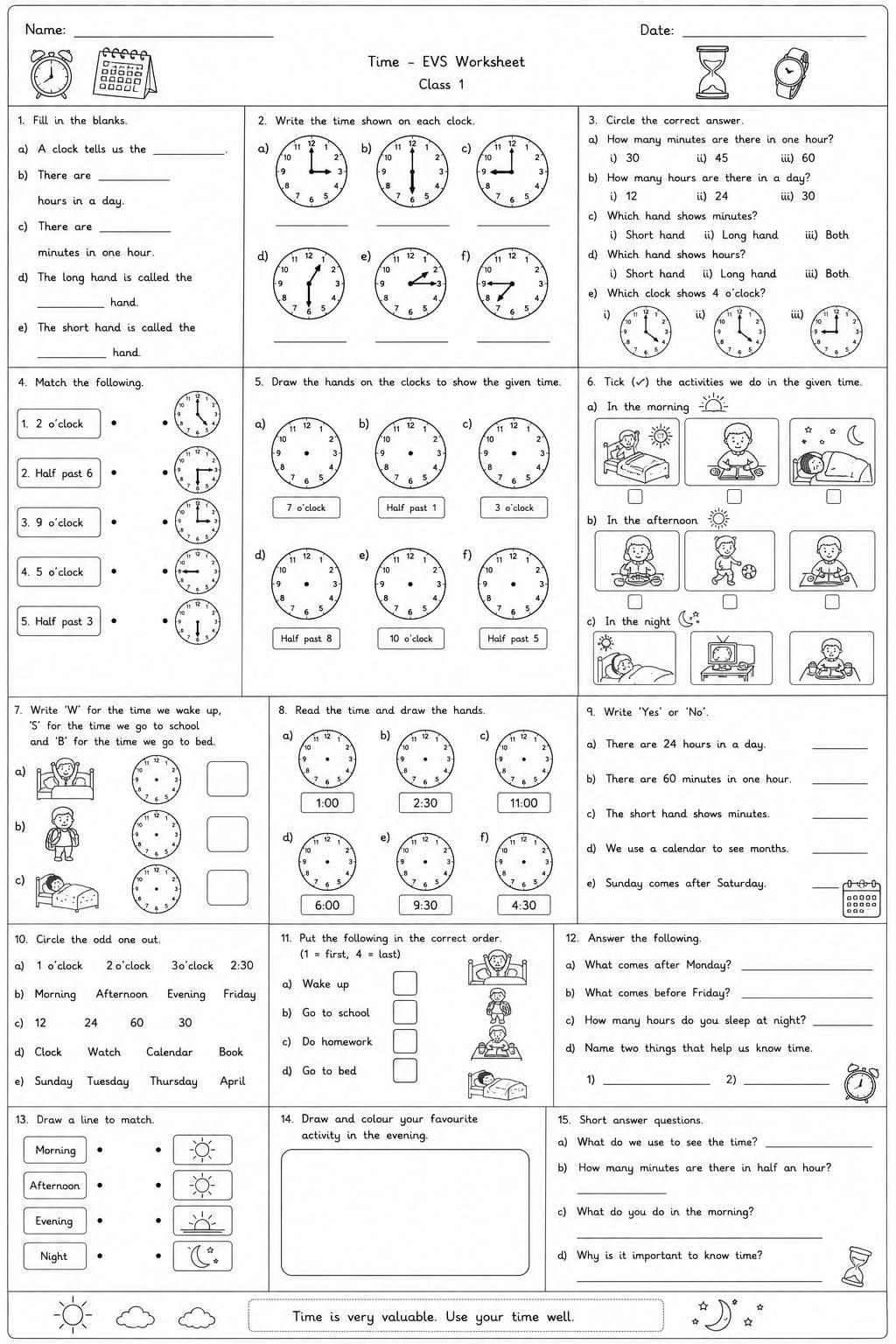 Class 1 EVS Time Worksheet