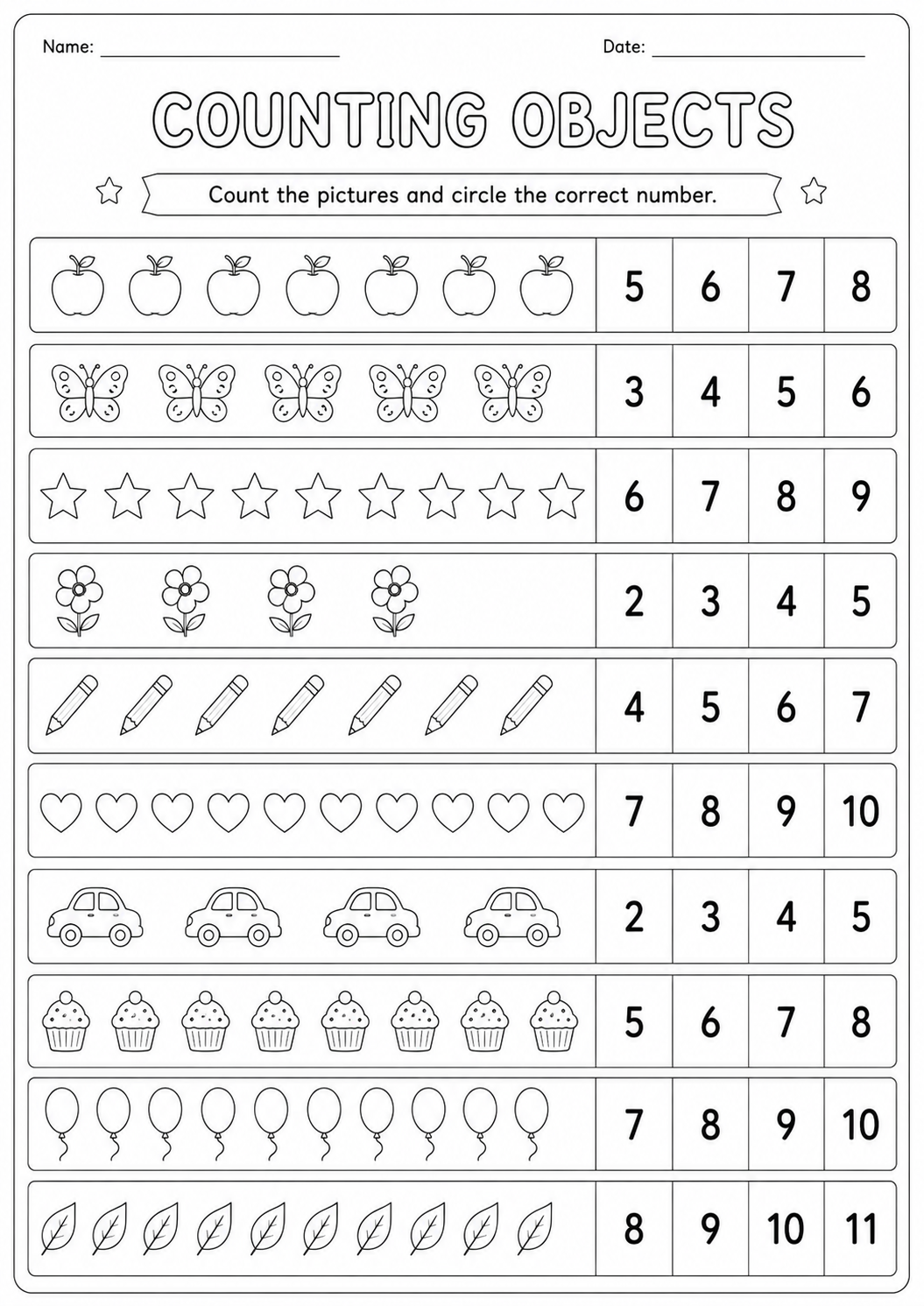 Counting Objects Worksheet for Kindergarten