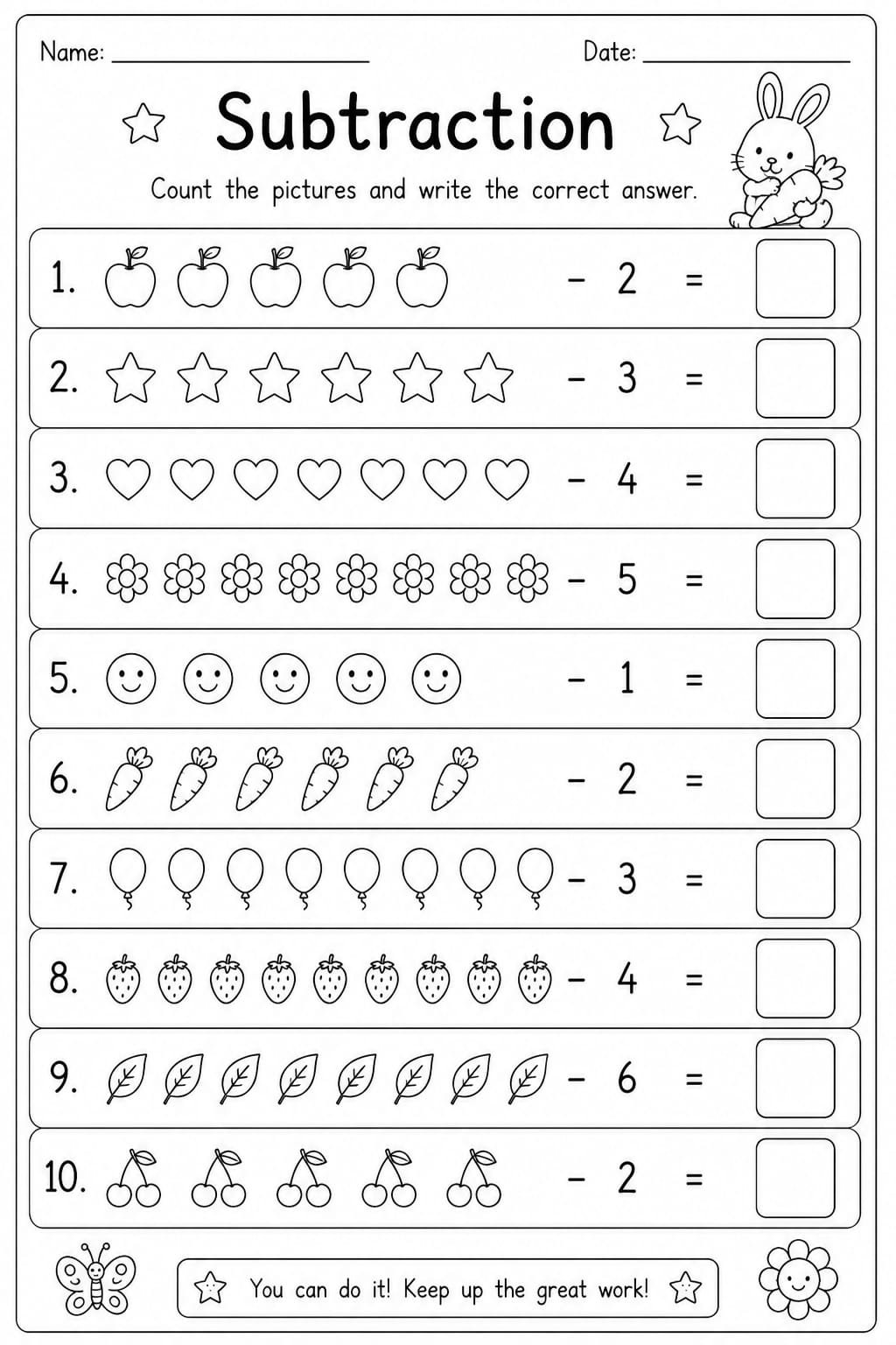 Simple Subtraction Worksheet for Kindergarten