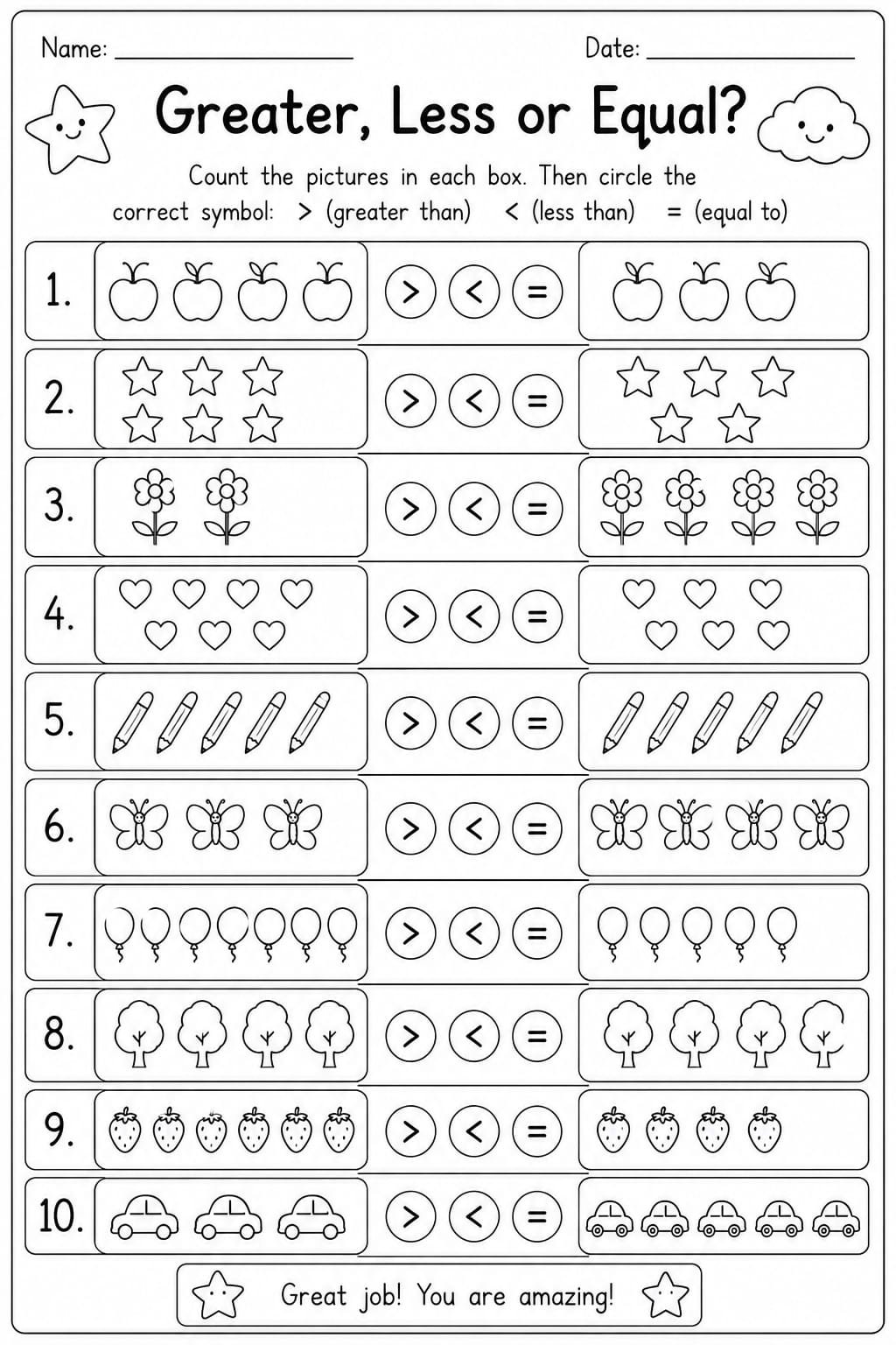 Greater Than, Less Than & Equal Worksheet