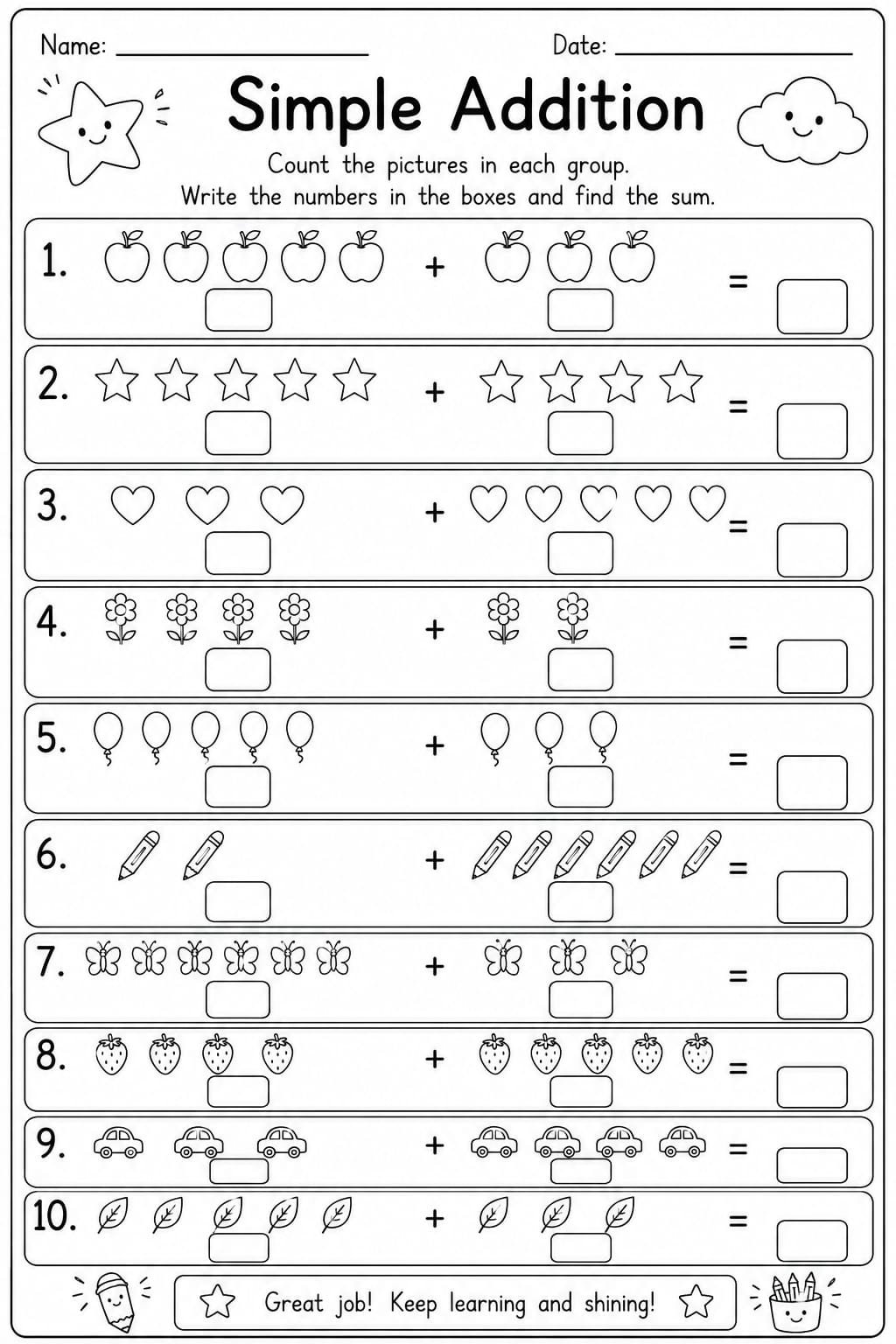 Simple Addition Worksheet for Kindergarten