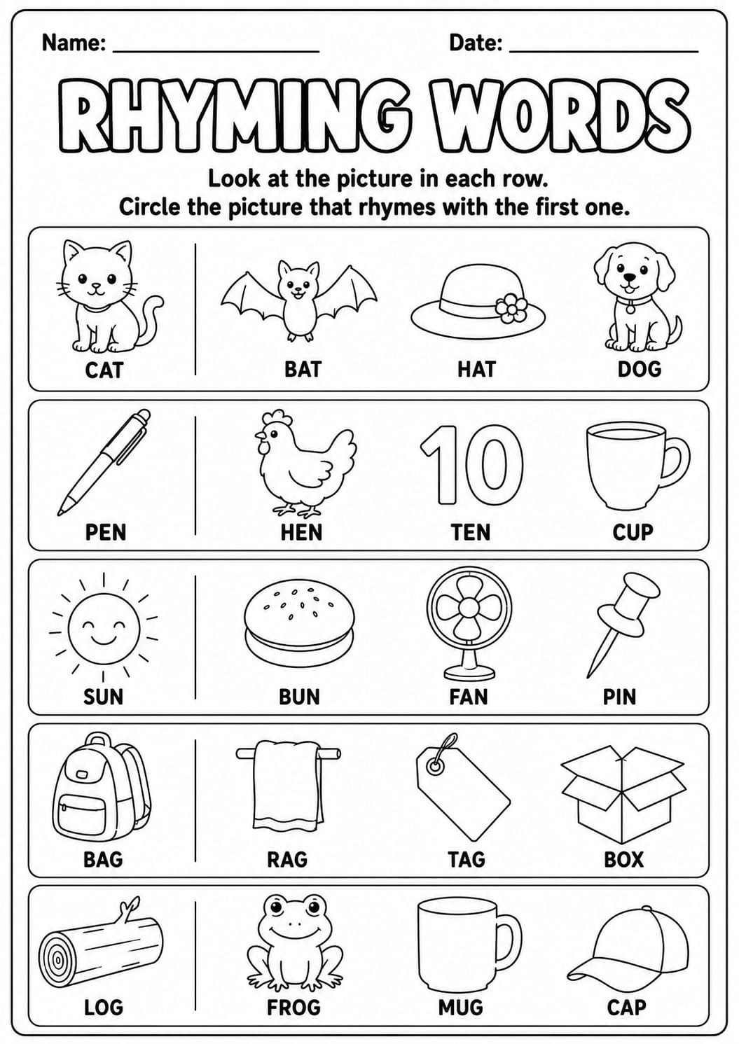 rhyming word worksheet for kindergarten