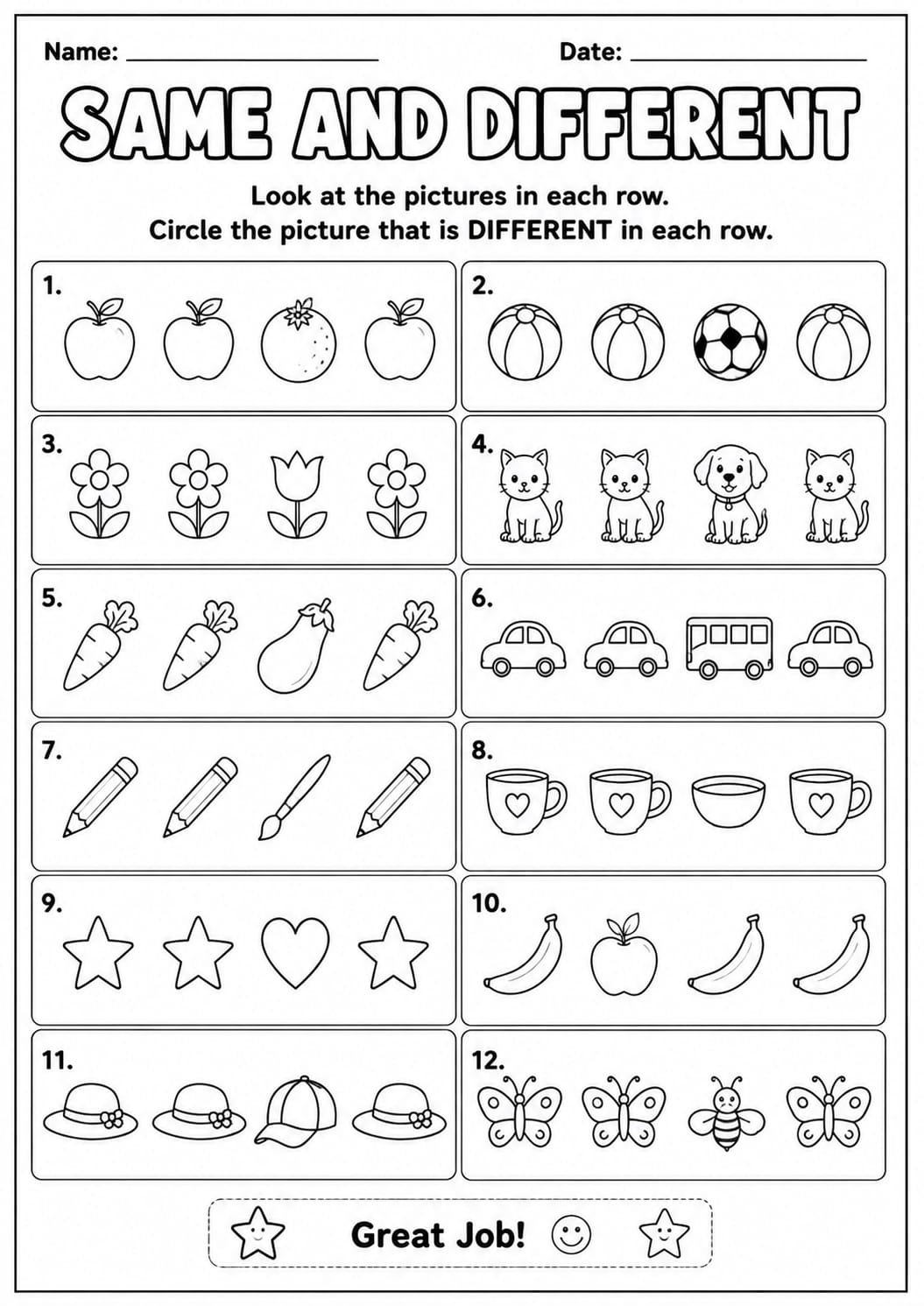 Same and Different worksheet for kindergarten