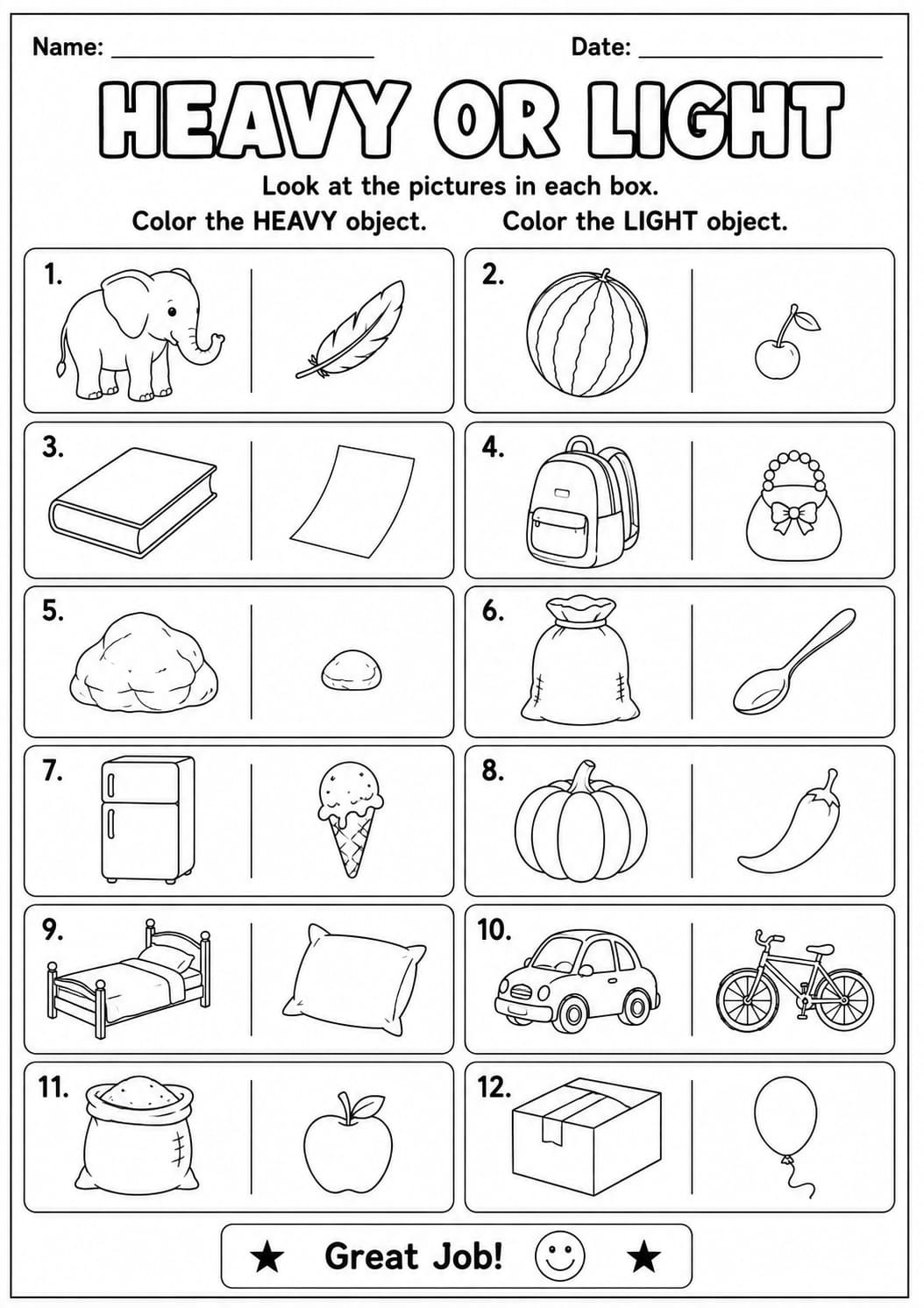 Heavy or Light worksheet for kindergarten