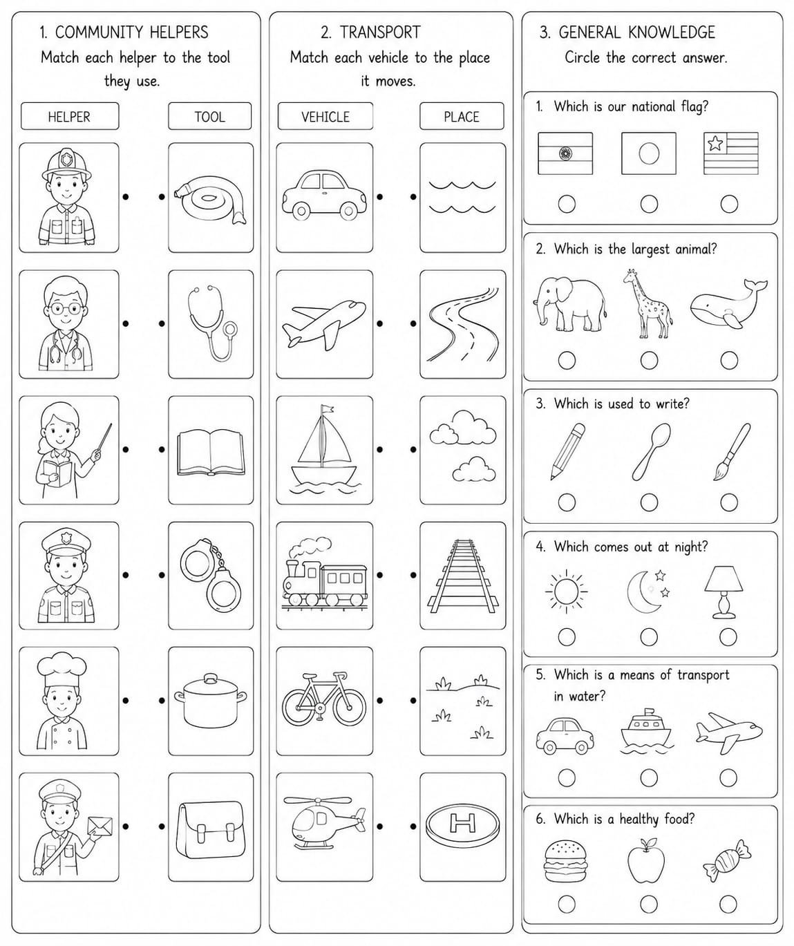 Community helper transport and gk worksheet for kindergarten