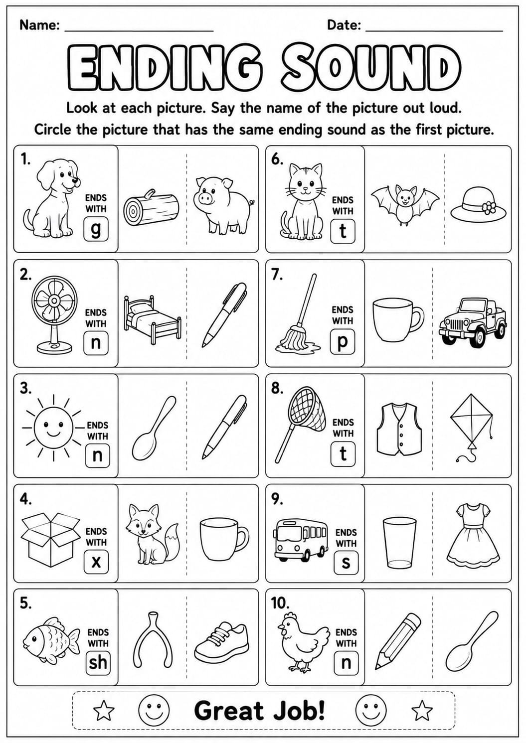 Ending Sound worksheet for kindergarten
