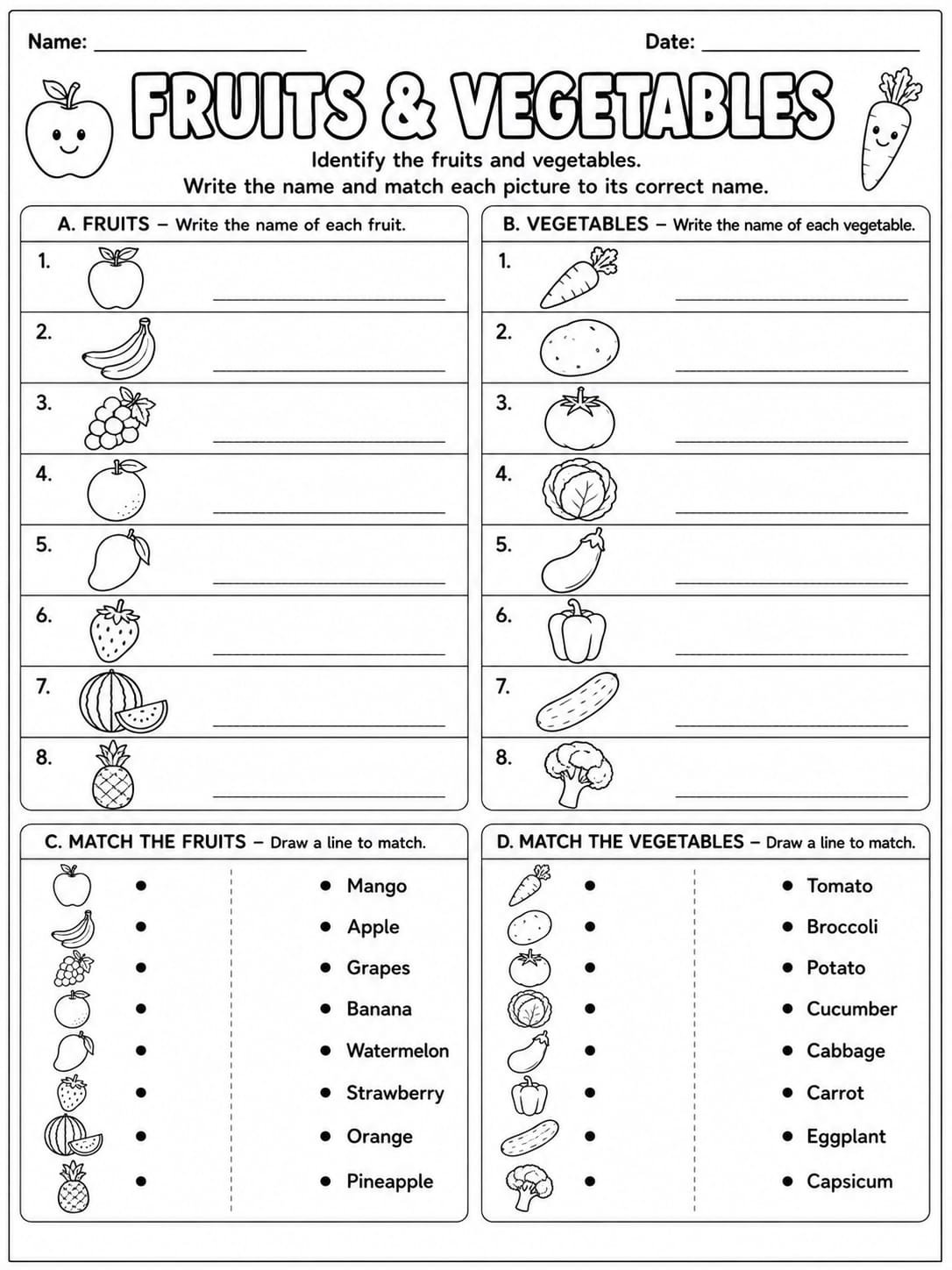 Fruits and vegetables worksheet for kindergarten