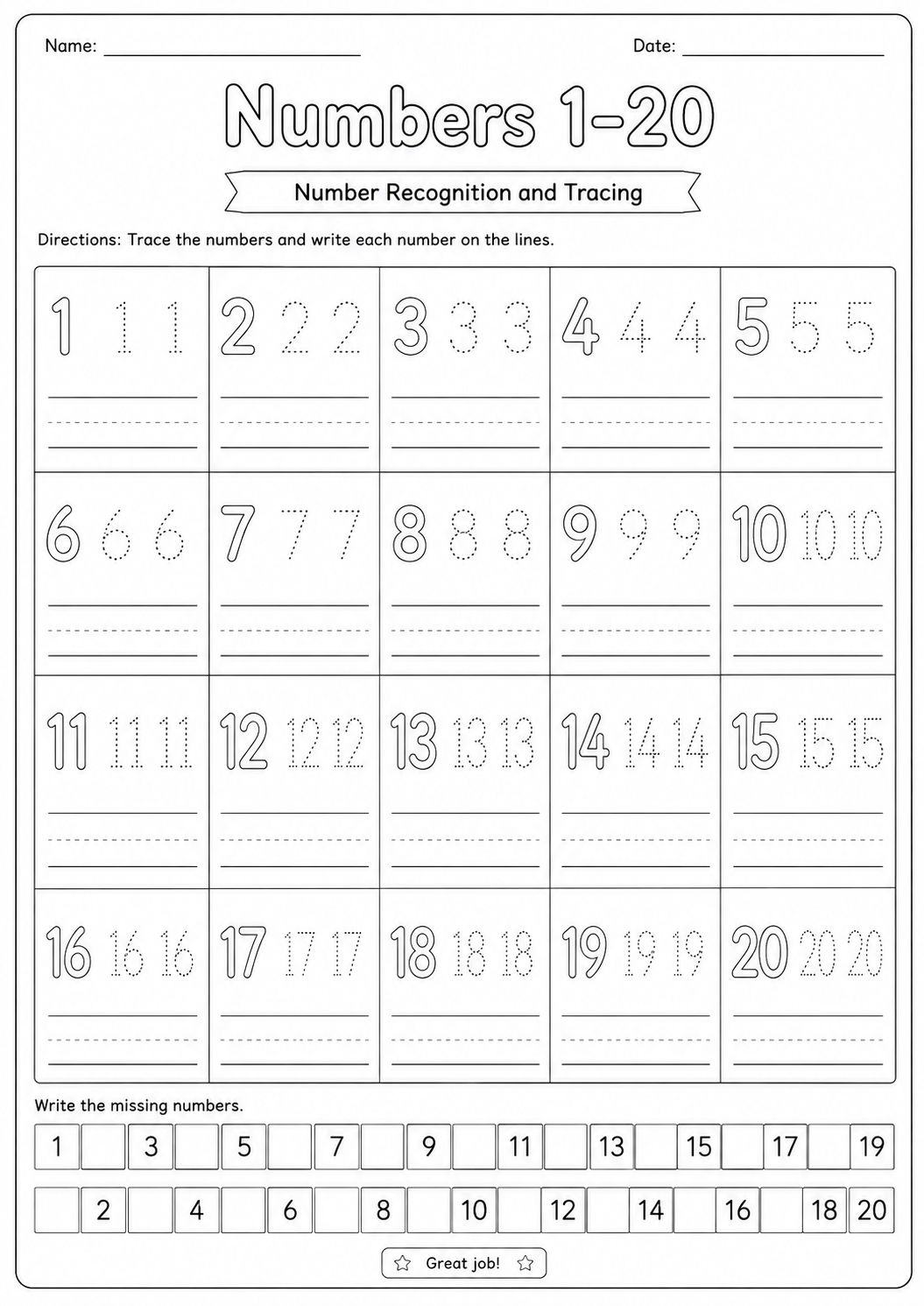 number recognition and tracing worksheet